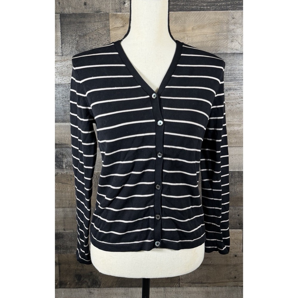 Ralph Lauren Petite Small Stripe Black White Button Front Cardigan Preppy
